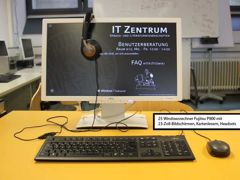 IT-Zentrum Sprach- und Literaturwissenschaften Windowsrechner Fujitsu P900 mit 23-Zoll-Bildschirmen, Kartenleser und Headsets